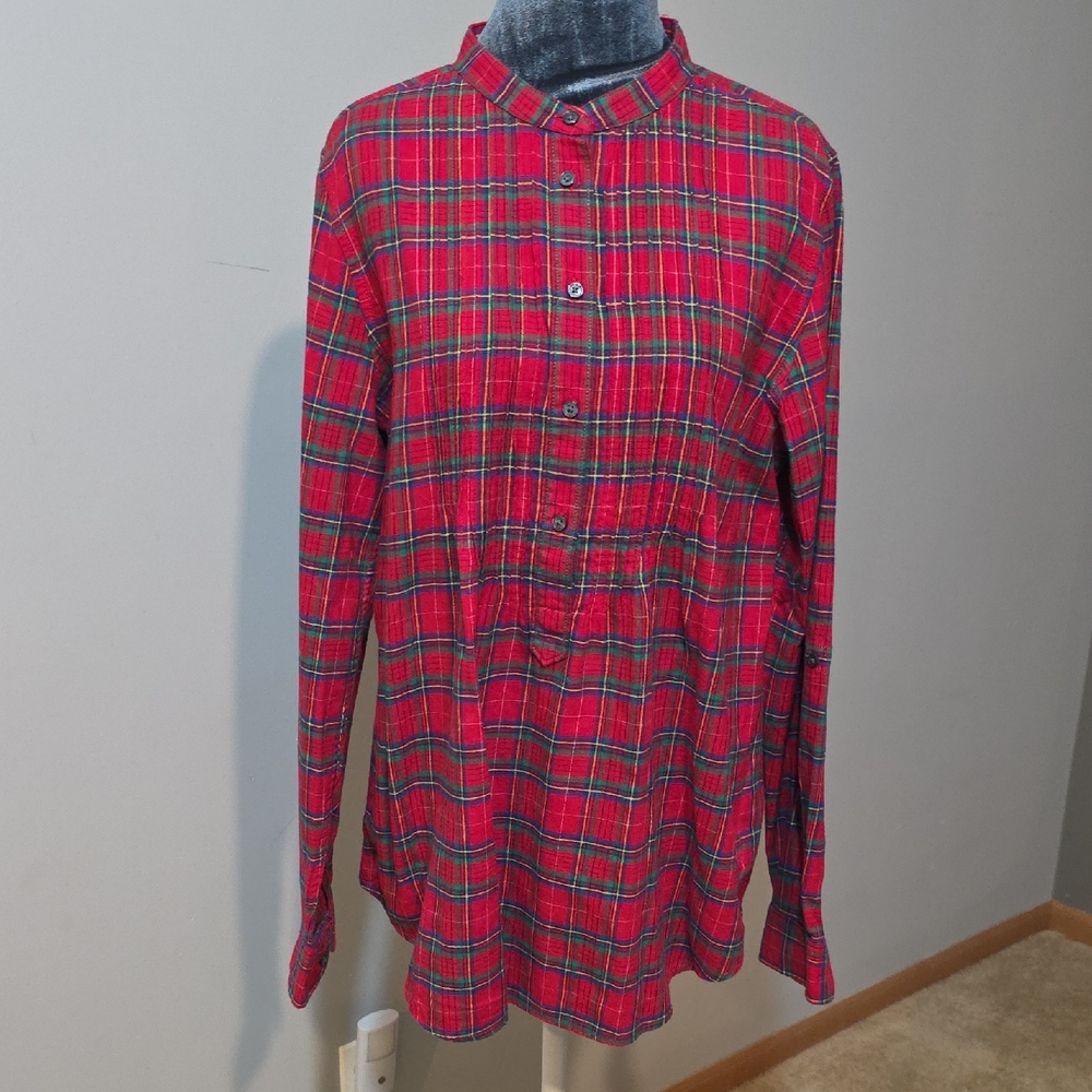 Lands' End Tartan Plaid Tunic Blouse Womens Sz 10 Red‎ Pintuck Bib Band Collar